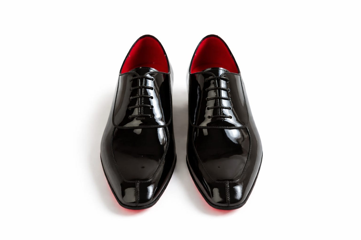 Pellevista Red Sole Patent Leather Oxford Shoes: Glossy Black Dress Shoes