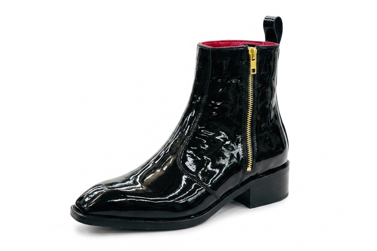 Men's Black Patent Leather Side Zip Ankle Boots – Handmade Luxury Dress Boots