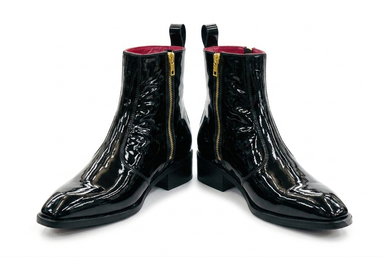 Men's Black Patent Leather Side Zip Ankle Boots – Handmade Luxury Dress Boots