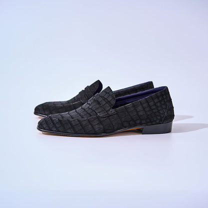 American Alligator Nubuck Penny Loafers 8150 Black#Color_Black