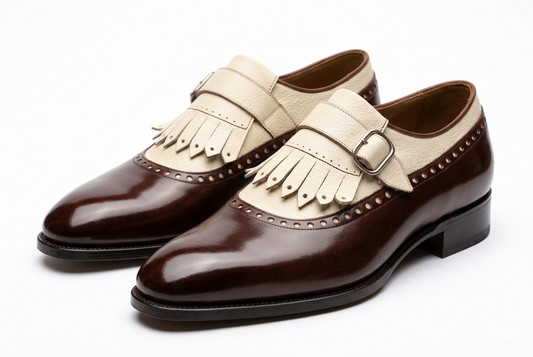 Brown Leather White Fringe Single Monk Shoes | Men's Designer Dress Shoes
