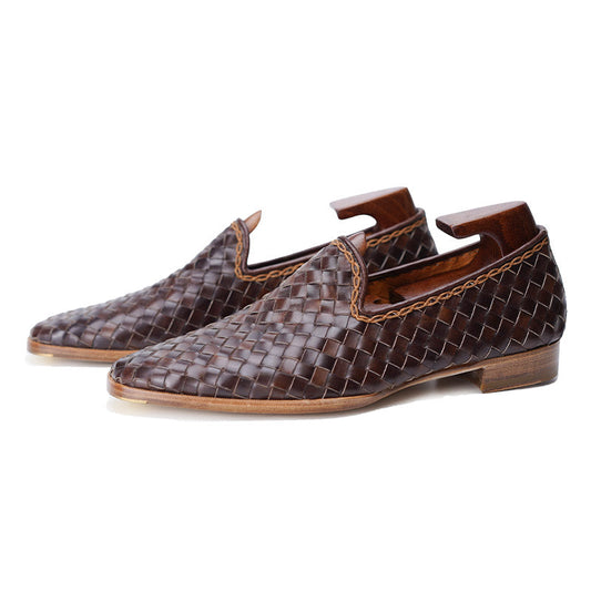 Kangaroo Skin Braided Slippers#Color_Dark Brown