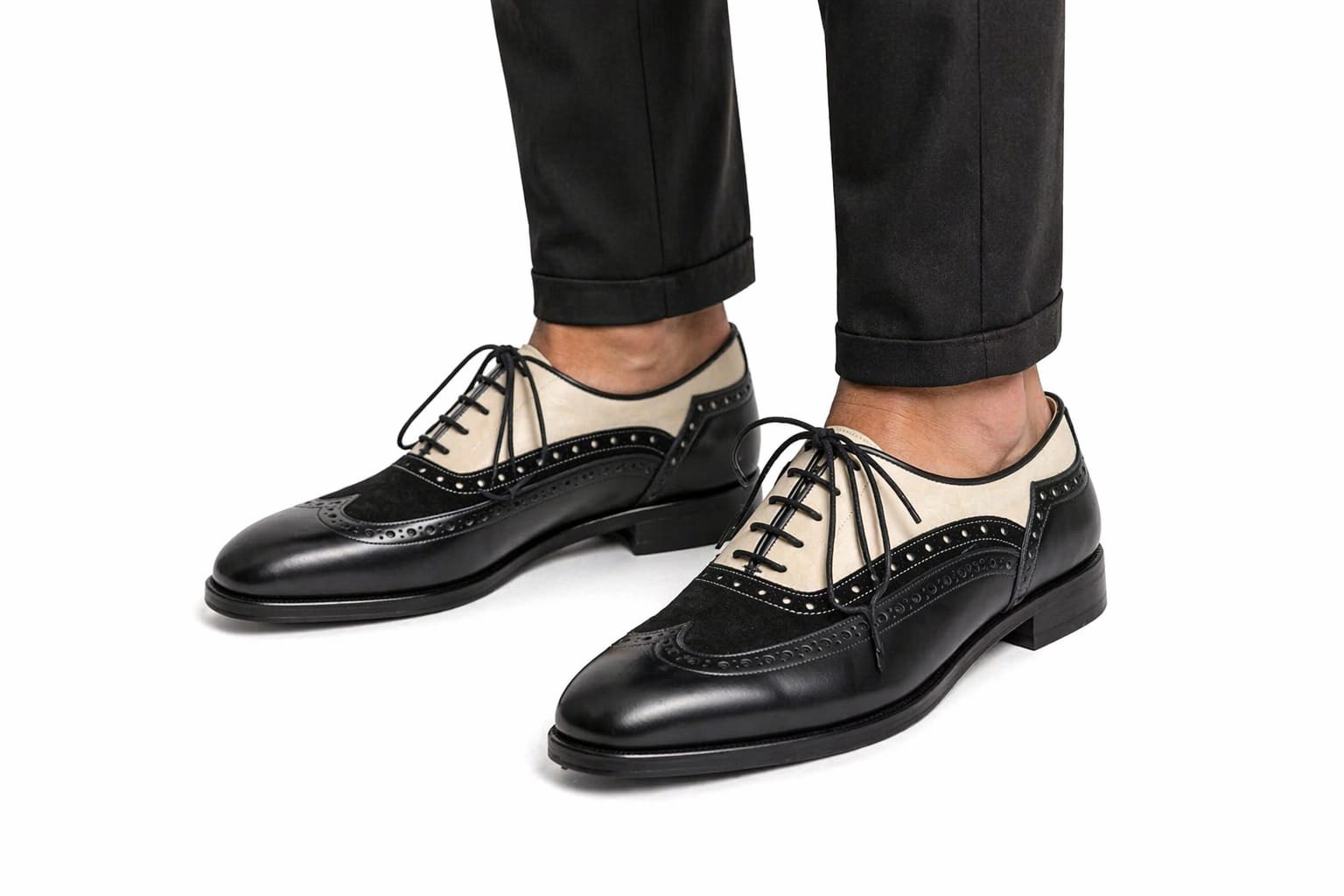 Men's Wingtip Brogue Dress Shoe — Handmade Black &amp; Beige Suede Leather | PelleVista