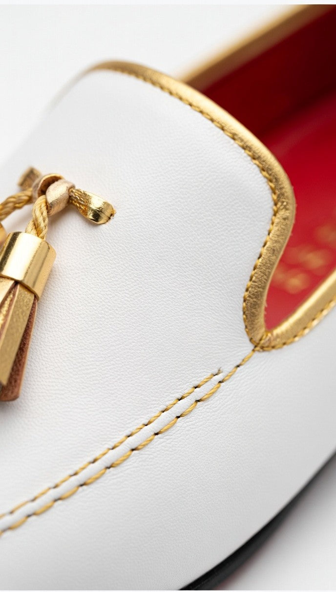 Bianco Tassel Loafer — White Leather Slip-On with Gold Hardware &amp; Red Sole - Pellevista