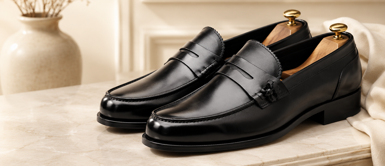 Pair of black leather loafers on a wooden surface with a neutral background