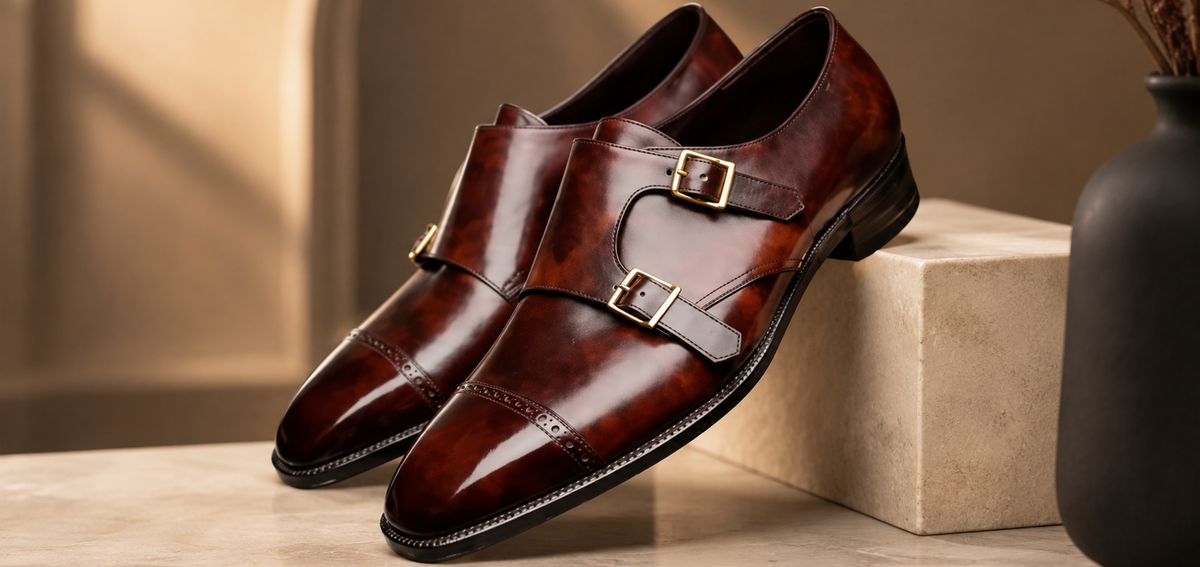 Pair of brown leather shoes with buckles on a wooden surface.