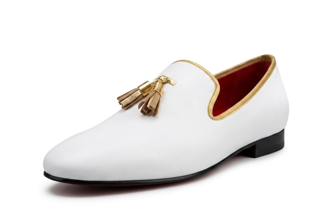 Bianco Tassel Loafer — White Leather Slip-On with Gold Hardware &amp; Red Sole - Pellevista