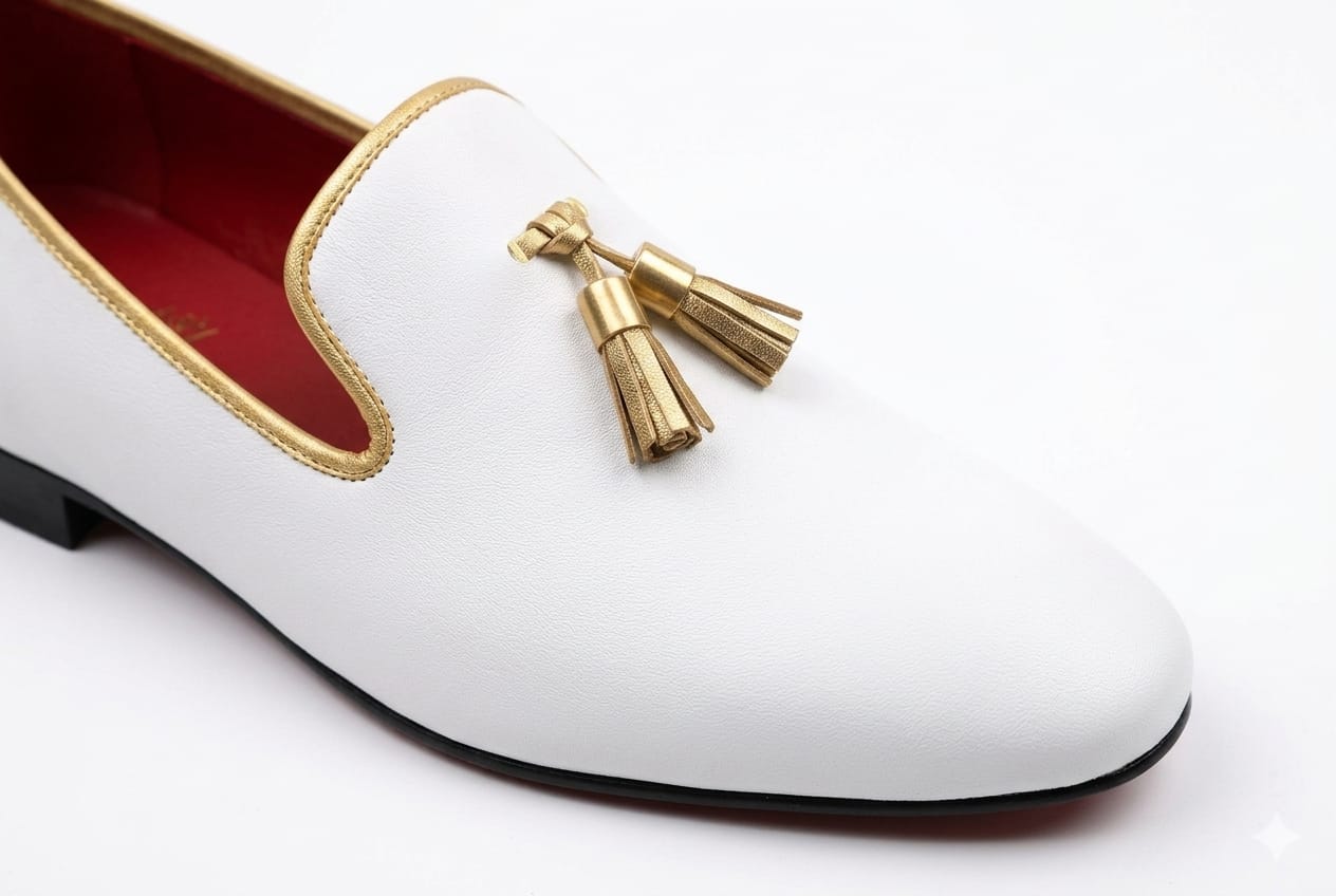 Bianco Tassel Loafer — White Leather Slip-On with Gold Hardware &amp; Red Sole - Pellevista