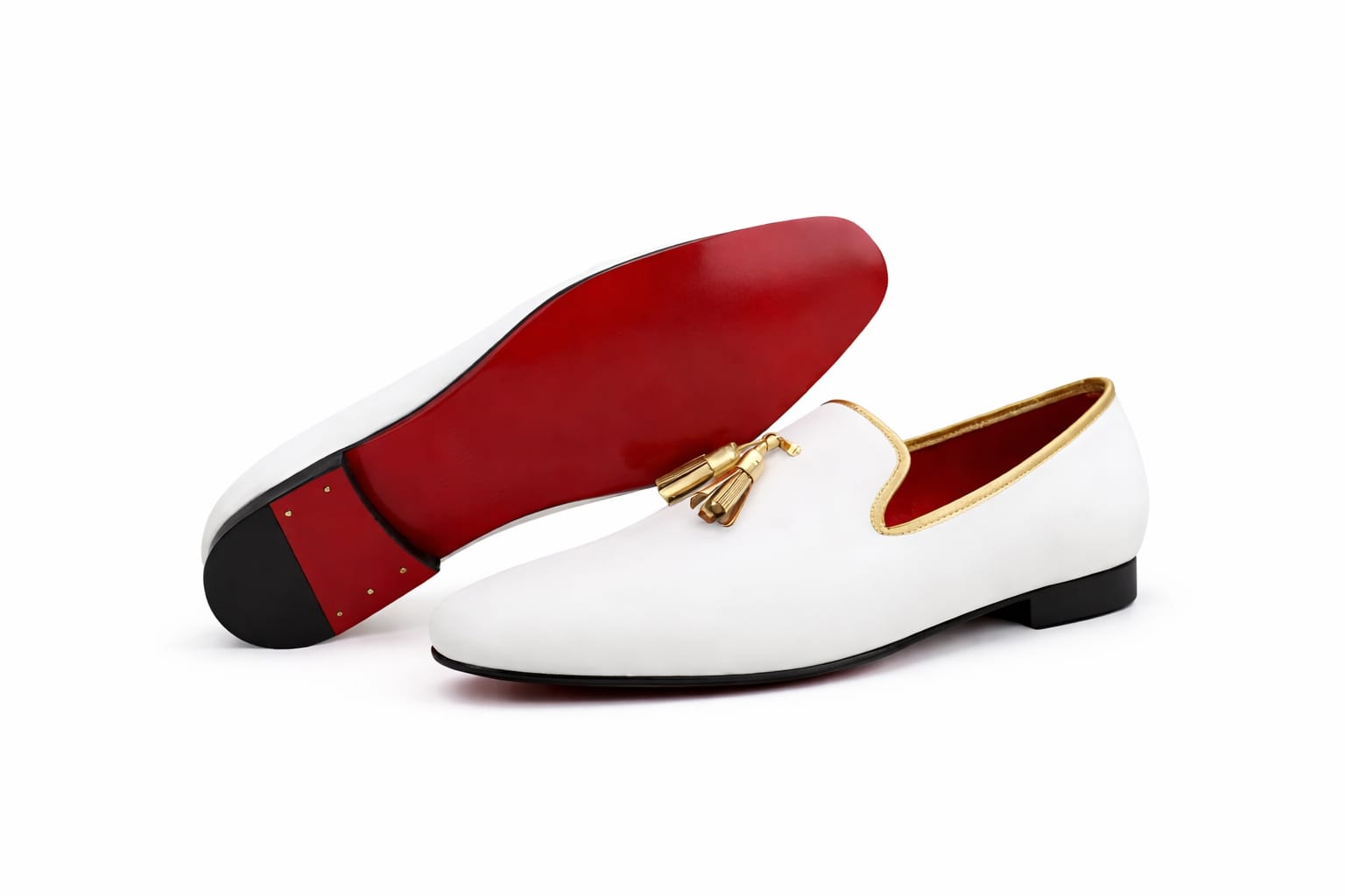 Bianco Tassel Loafer — White Leather Slip-On with Gold Hardware &amp; Red Sole - Pellevista