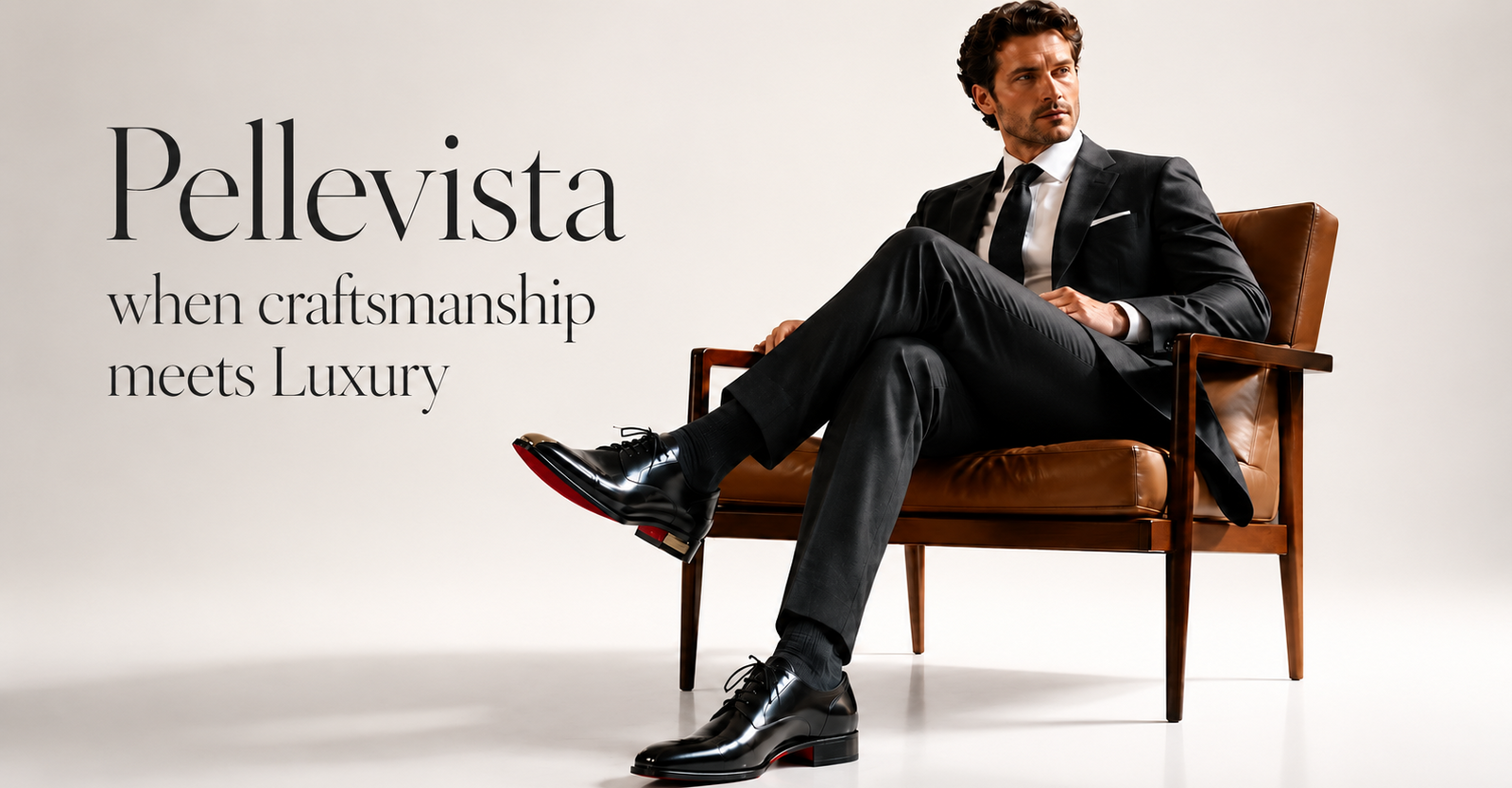 Man in a suit sitting on a chair with 'Pellevista' branding and text about craftsmanship and luxury.