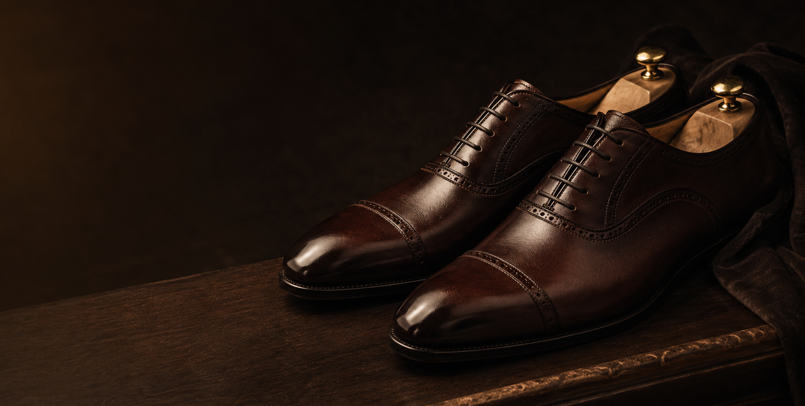 Pair of brown leather dress shoes on a dark background
