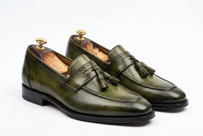 Men's Green Genuine Leather Tassel Formal Dress Shoes