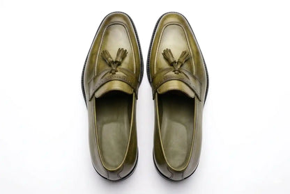 Men's Green Genuine Leather Tassel Formal Dress Shoes