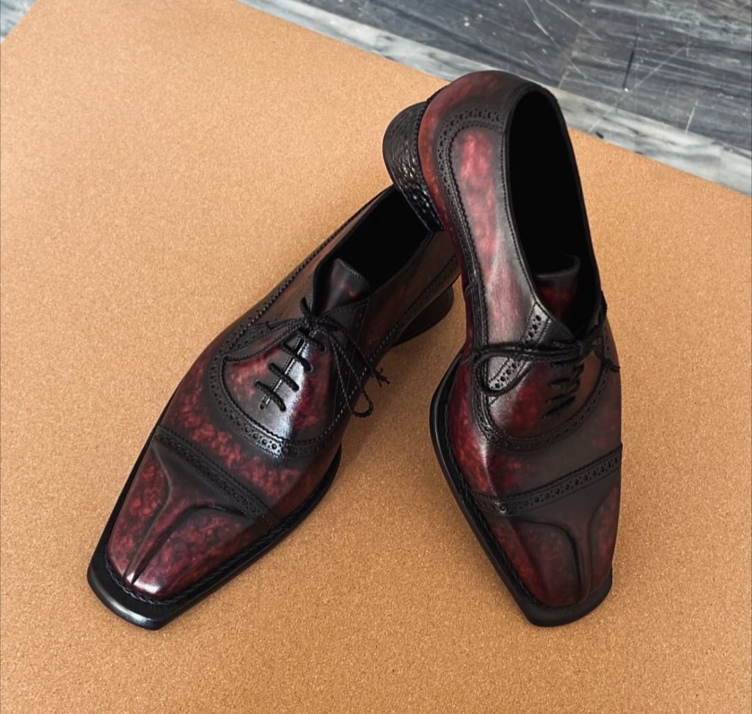 Men's Handcrafted Burgundy Patina Cap-Toe Brogue Oxford | Square Toe Leather Dress Shoes