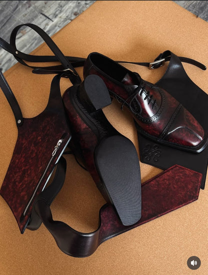Men's Handcrafted Burgundy Patina Cap-Toe Brogue Oxford | Square Toe Leather Dress Shoes