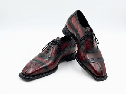 Men's Handcrafted Burgundy Patina Cap-Toe Brogue Oxford | Square Toe Leather Dress Shoes