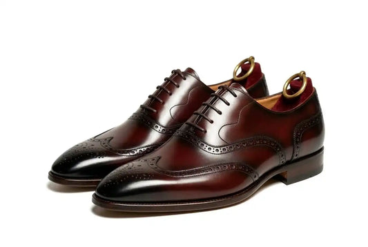Pellevista Luxury Burgundy Patina Wingtip Brogue Oxford Shoes Men – Gold D-Ring