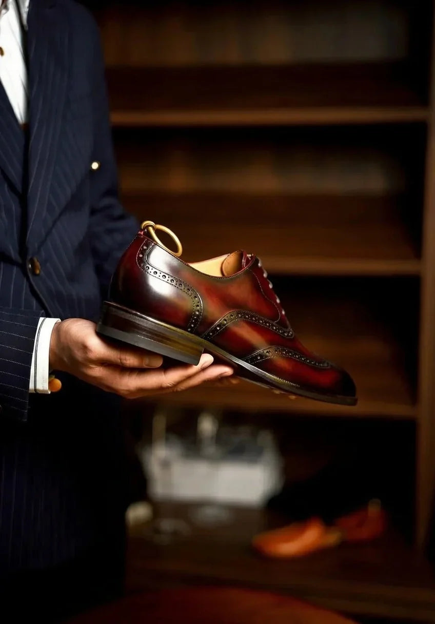 Pellevista Luxury Burgundy Patina Wingtip Brogue Oxford Shoes Men – Gold D-Ring
