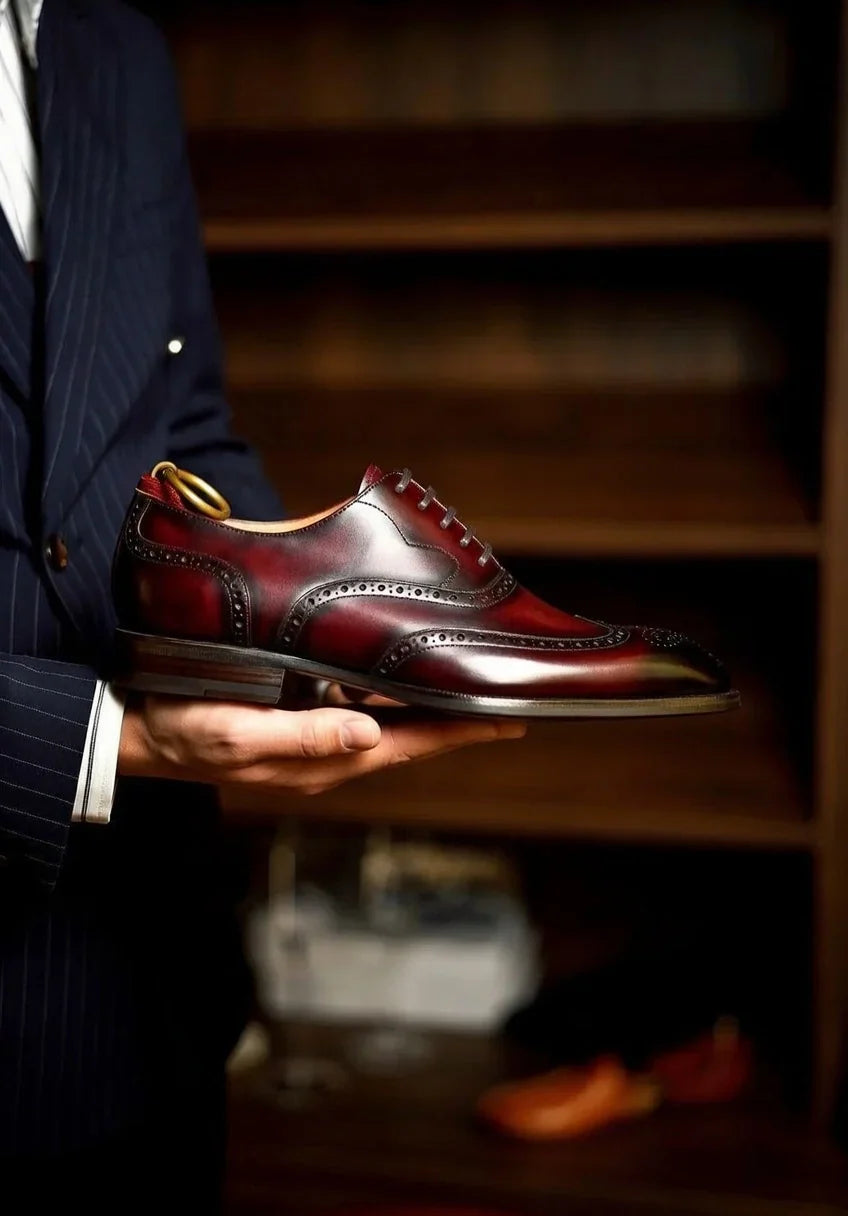 Pellevista Luxury Burgundy Patina Wingtip Brogue Oxford Shoes Men – Gold D-Ring