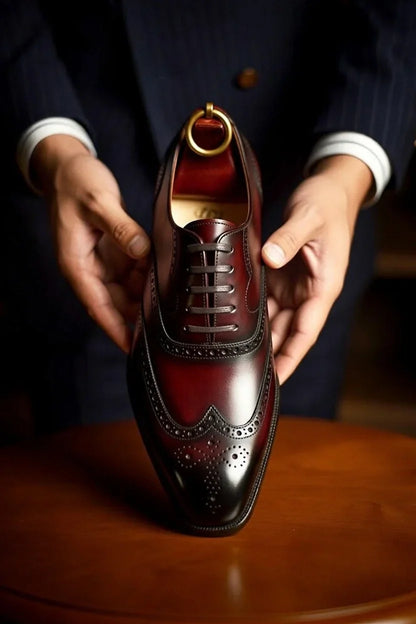 Pellevista Luxury Burgundy Patina Wingtip Brogue Oxford Shoes Men – Gold D-Ring