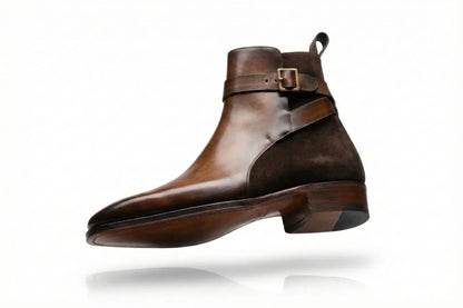 PelleVista Handcrafted Men's Jodhpur Boots | Two-Tone Leather & Suede with Gold Buckle