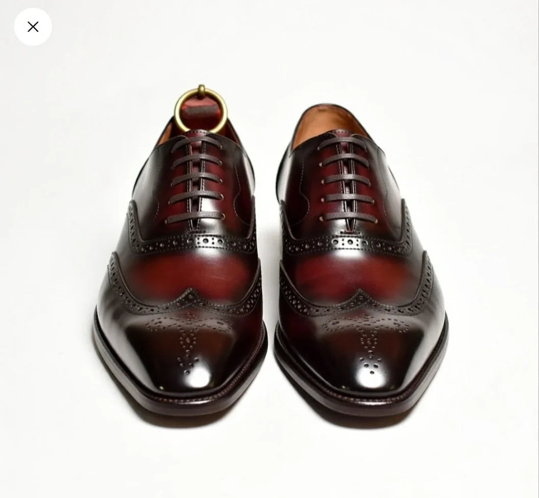 Pellevista Luxury Burgundy Patina Wingtip Brogue Oxford Shoes Men – Gold D-Ring