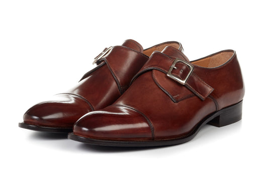 Paul Evans Handmade Italian Leather Men's Dress Shoes - The Olivier Single Monk Strap - Marrone