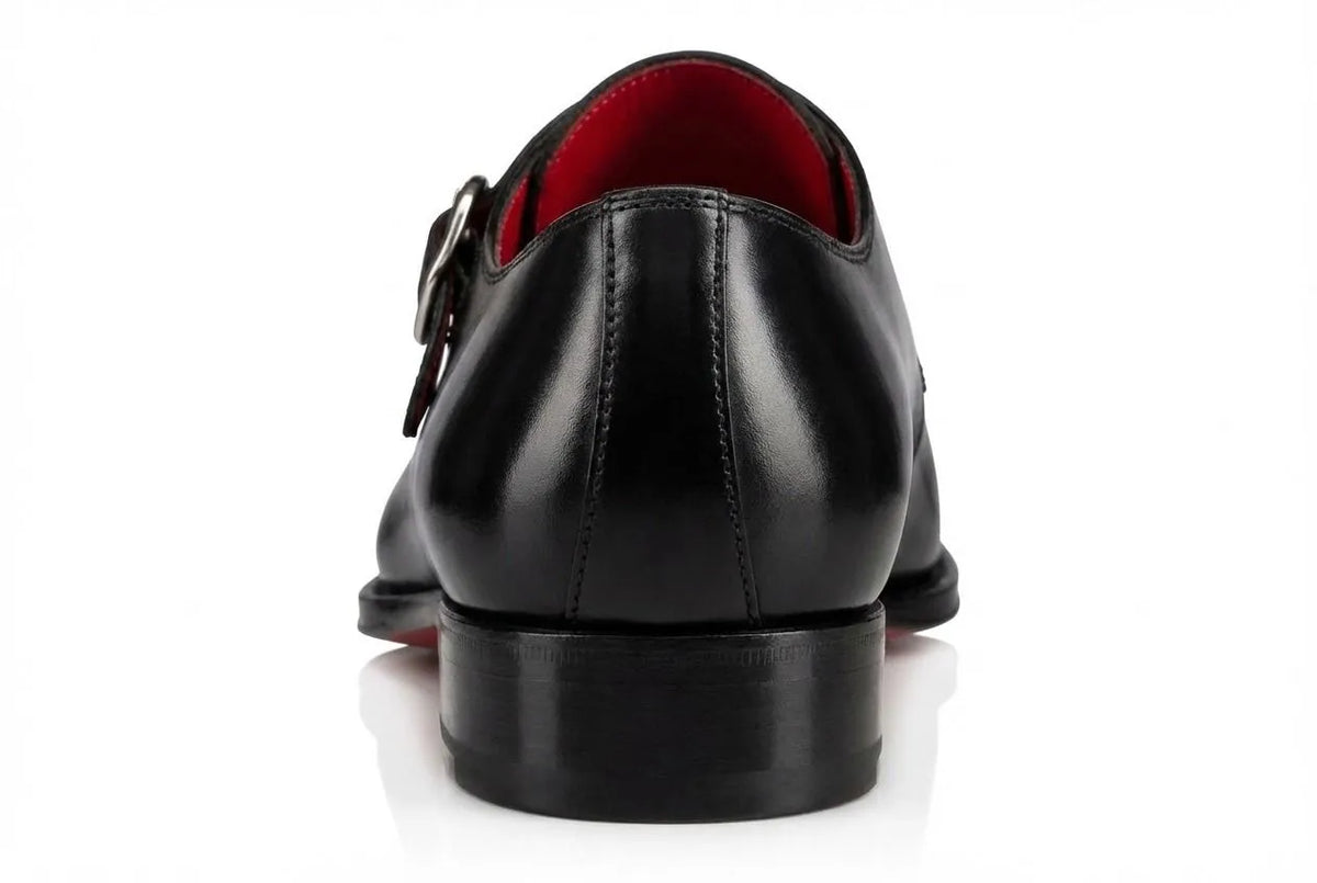 Pellevista Men's Black Leather Monk Strap Dress Shoes — Red Sole
