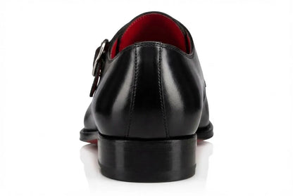 Pellevista Men's Black Leather Monk Strap Dress Shoes — Red Sole