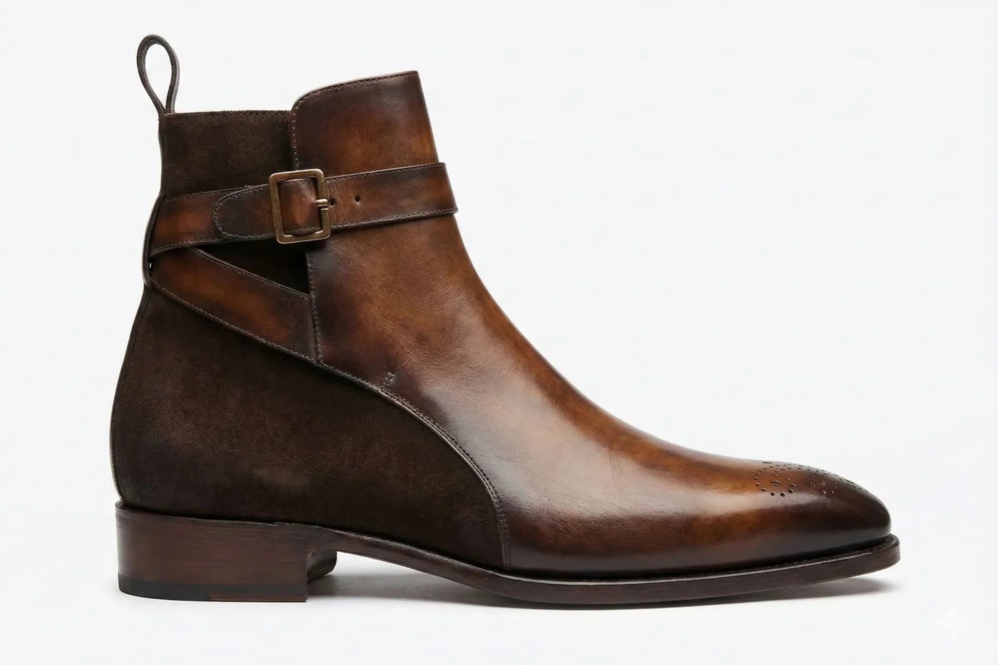 PelleVista Handcrafted Men's Jodhpur Boots | Two-Tone Leather &amp; Suede with Gold Buckle